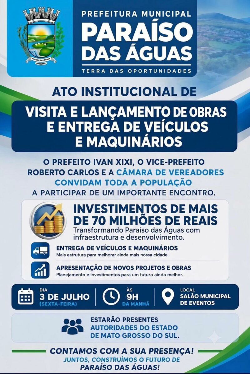 Ilustração da notícia Paraíso das Águas anuncia mais de R$ 70 milhões em investimentos e lança pacote de obras, veículos e máquinas